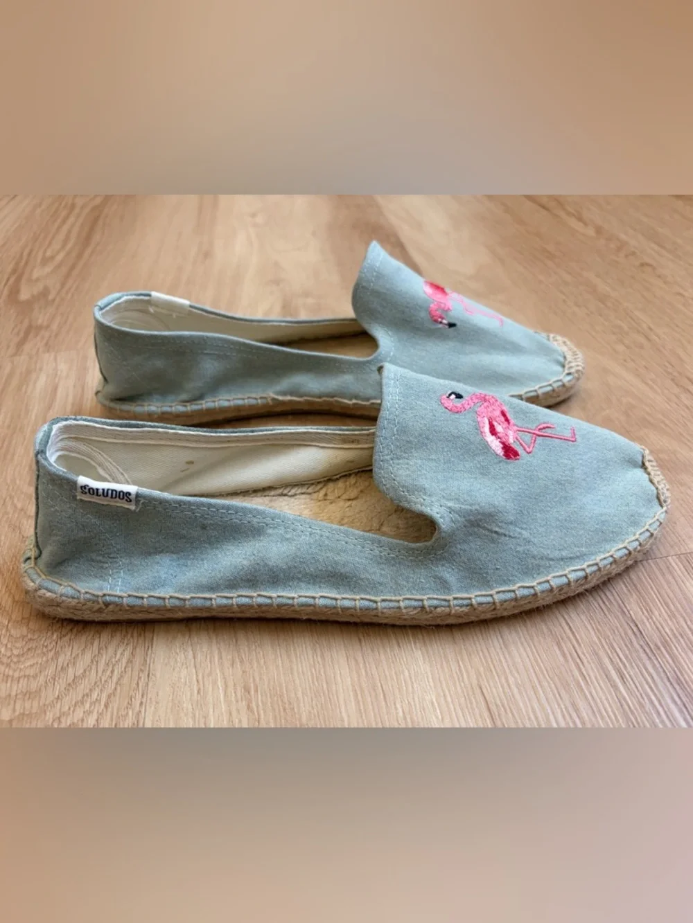 New Soludos Flamingo Embroidered Espadrilles blue pink embroidered shoes